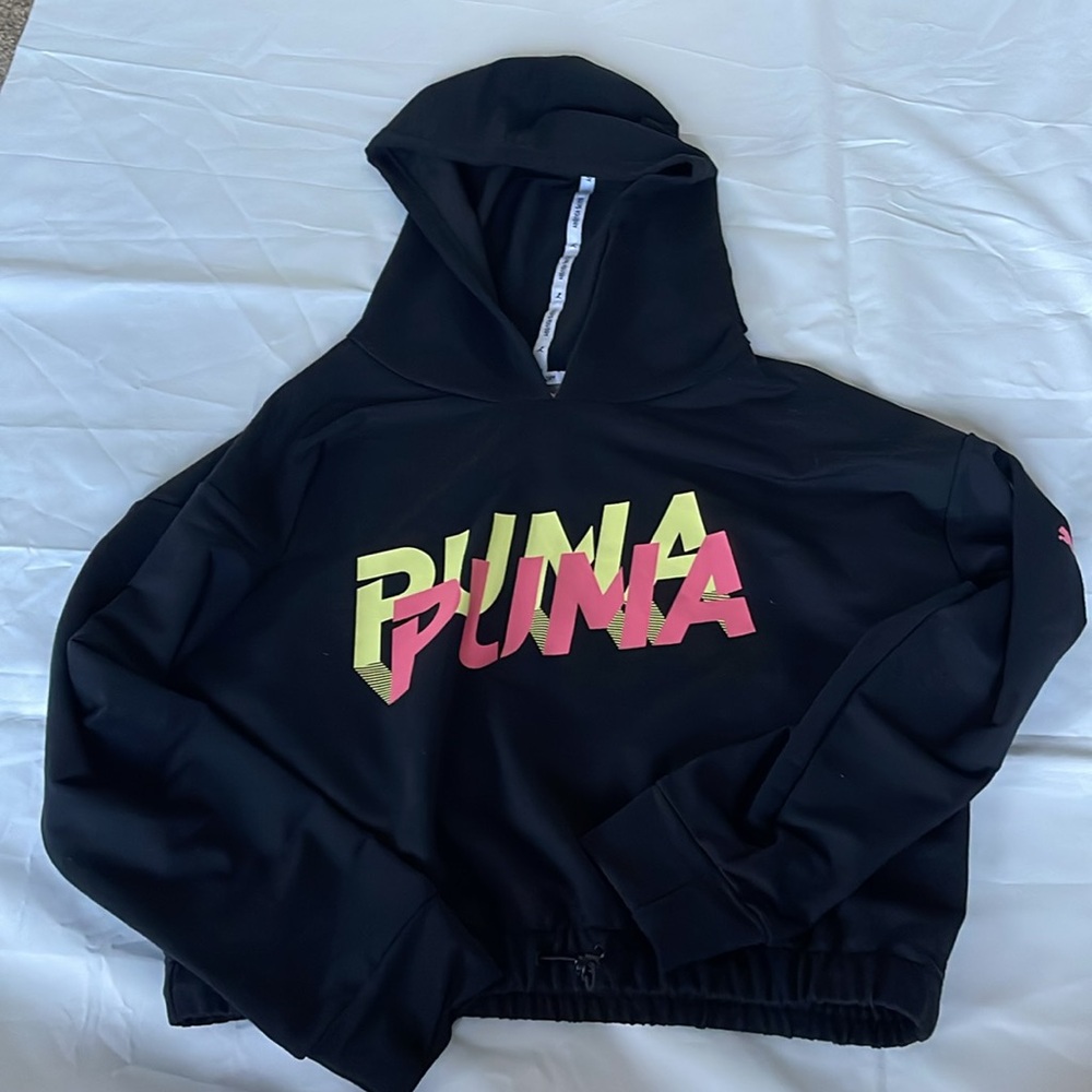 1466- Puma black long sleeve hoodie sweater w/ neon yellow and pink PUMA logo- S
